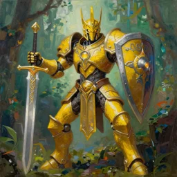 full body, attack position abstract painting in lush fantasy environment of a ornate holy mechanical humanoid warforged with circular glowing eye, character in yellow armor holding a legendary paladin engraved holy great longsword and carrying a huge heavy paladin shield, vertically flat head, face in focus, epic , trending on ArtStation, masterpiece, cinematic lighting, by Delphin Enjolras and by Ruan Jia