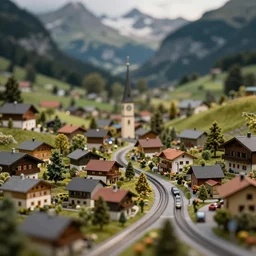 tilt shift focus, quaint miniature town in an alpine valley, model railroad style, extreme dof, minimalist