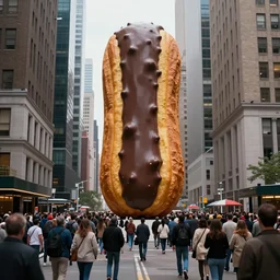 a photograph of a giant choclate eclair sculpture in the center of a new york street, a large crowd have gathered, by Claes Oldenburg, pop art, 3D render, Volumetric dynamic lighting, Highly Detailed, Cinematic Lighting, Unreal Engine, 8k, HD