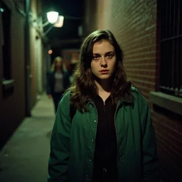 a creepy cell phone camera picture of an alleyway in west philadelphia at night, with a college - aged woman in the distance. girl in the photo wearing a pine green jacket. directed by david lynch