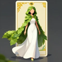 a girl with a cloak made of leaves. concept art by muggur, flowing white dress, smooth, sharp focus, artstation contest winner, fantasy, 2 d game, tarot card