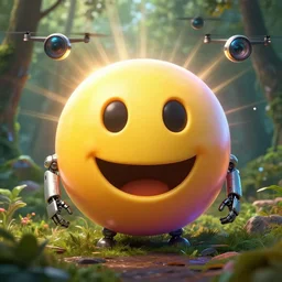 fantastical vibrant bulbous weird smiley face emoji, apple emoji unicode character, with holes for eyes and mouth, in a nature scene, cybernetic symbiosis, high definition, rays of light breaking behind the emoji, drone camera lens orbs, 3 point lighting, highly detailed unicode character, natural color scheme, photo still from movie by denis villeneuve