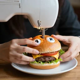 a woman sewing eyes onto a burger, 4 k, hyper realistic,