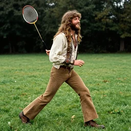 hippie with badminton racket on lawn masterpiece happiness by jim burns doyle, tim detailed ultrarealistic side view 1 9 6 0 s expressive dynamic cinematic dramatic