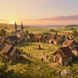 people in the field building a medieval village at sunset, digital art, fantasy theme