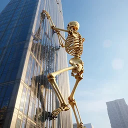 giant human skeleton climbing the side of a skyscraper, 4 k, volumetric lighting, epic scale, photograph
