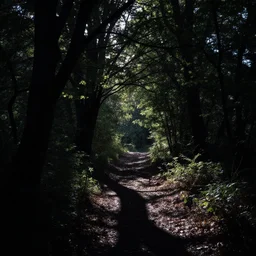 forest path, ancient trees, shrew - silhouettes, shadowed, overgrown, hiding - treasure - hiding, serene evening atmosphere, color noir - n 9