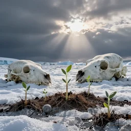 Plants sprouting in a melting arctic near a Polar bear skull.