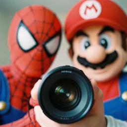 stunning film photograph of ( ( ( ( spiderman as super mario ) ) ) ), zeiss lens, closeup, aperture 1. 2