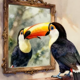 a toucan looking at a mirror, watercolor