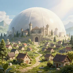 A village under a medieval biodome, digital art, sunrays