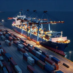 cargo containers port with sea and giant ship, night, color lights, high angle, cool color palette, sci - fi digital painting by simon stalenhag,