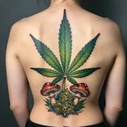 back tattoo, tattoo photography, Marijuana, marijuana leaves, mushrooms, magic mushrooms, marijuana buds