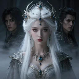 a beautiful white haired princess, adorned with precious stone jewelry, intricate concept art, ethereal, ominous, dark fantasy, misty, dramatic lighting, dark background, octane render, 8 k, ruan jia and tom bagshaw and alphonse mucha and marc simonetti