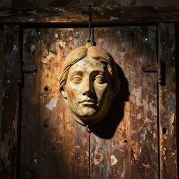 A ajar dilapidated door with a human face hangs on loops, medieval style, dramatic lighting