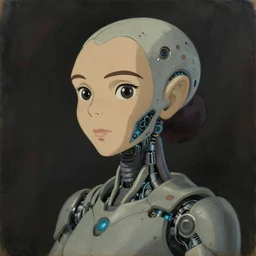 cinematic bust portrait of cartoon woman from left, head and chest only, exotic alien features, robotic enhancements, desaturated, in the style of studio ghibli, j. c. leyendecker, greg rutkowski, artem, oil on canvas, masterpiece, trending on artstation, featured on pixiv, cinematic composition, dramatic pose, beautiful lighting, sharp, details, hyper - detailed, hd, hdr, 4 k, 8 k