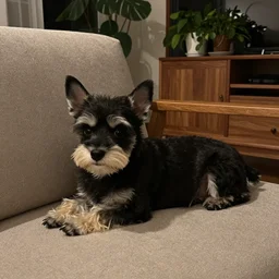 a small black dog with a white face, lying down on a sofa, house plants and wood furniture in the background, indoors, dim light, photograph, 4 k, shot on iphone