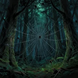 The Spider Thicket, dense coniferous forest. Spiders, thick massive visible spider webs, creepy, spooky, scary, night, anime, lush trees, a fantasy digital painting by Greg Rutkowski and James Gurney, trending on Artstation, highly detailed
