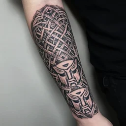 intricate nordic viking ornamental knotwork tattoo sleeve with the transformers autobot logo