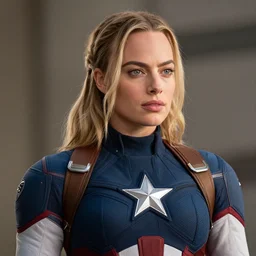 Margot robbie as captain america, highly detailed, 4k HD, hyperdetailed