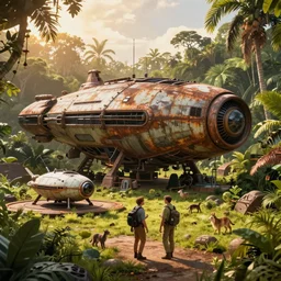 a huge futuristic rusty old alien spaceship, next to it a smaller exploration ship on a landing pad, surrounded by a lush jungle, in the foreground two explorers are having a conversation and small animals! are walking around, golden hour, volumetric light, hyperdetailed, artstation, cgsociety, 8k