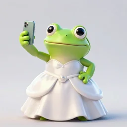 super cute smiling green tree frog wearing a ballroom gown, taking a selfie on a fashion show, photo realistic, matte image