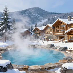 holiday resort, hot springs pool in the mountains, relaxing, winter, trees, steam clouds, detailed painting, trending on artstation
