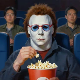 painting of Michael Myers wearing red and blue glasses sitting in a row of movie theater seats eating popcorn, sharp focus, face focused, trending on ArtStation, masterpiece, by Greg Rutkowski, by Ross Tran, by Fenghua Zhong, octane, soft render, oil on canvas, moody lighting, high contrast, cinematic, professional environmental concept art