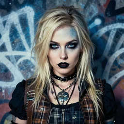 highly detailed closeup portrait of a sewer punk rogue lady, tartan vestments, blonde hair by atey ghailan, by greg rutkowski, by greg tocchini, by james gilleard, by joe fenton, by kaethe butcher, gradient, blue, black, brown and cream color scheme, grunge aesthetic!!! white graffiti tag wall background