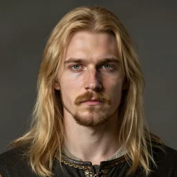 half - length portrait of a 9 8 - year - old human male noble with long blonde hair and green eyes, mustache, no beard, medieval setting, detailed face, highly detailed, artstation, concept art, sharp focus, by greg rutkowski, craig mullins, artgerm