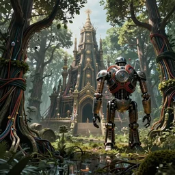 Ancient technomancer temple in a Swamp full of trees made out of thousands of wires and pipes, Large Robot approaching, film still from Aliens by James Cameron