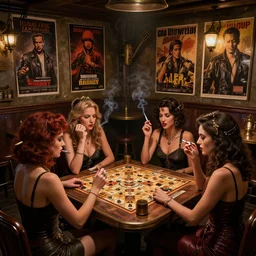 women in the interior of a steampunk pub, Greg Rutkowski, Milo Manara, night time, smoking cigarettes, playing board games, highly detailed, Quentin Tarantino movie posters, pulp fiction, level design, concept art, artstation, cgsociety, zenith view