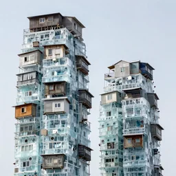 two high towers with stacked makeshift squatter shacks made up of ice, hasselblad, fine details, photographed by julie blackmon