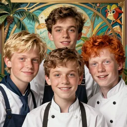 close up portrait of mischievous male teen triplets, blond boy, brunette boy and redhead boy, random chef attire by artgerm, cushart krenz, greg rutkowski, mucha. art nouveau. gloomhaven, tropical atmosphere, natural tones, vibrant colors, sharp edges. ultra clear detailed. 8 k. elegant, intricate, octane render