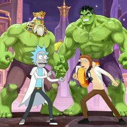 epic anime battle between the rick and morty and the incredible hulk, king tut!!!, digital art, game art, character design, trending on artstation, ultra realistic, ultra detailed