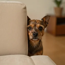 Urkel hiding behind couch