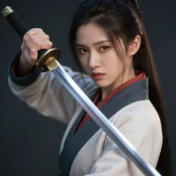 female samurai with sword, photorealistic, details