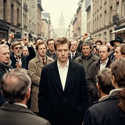 a man who is surrounded by a crowd by simon stalenhag and norman rockwell and gil elvgren