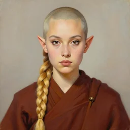 tall female half elf with short ears, long blonde single braided hair, almond shaped dark brown eyes with long lashes, big forehead with a round tapered face, sharp nose with rounded edges, full lips, monk clothes, portrait illustration, oil painting