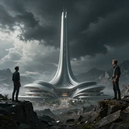 otherworldly mountainous alien planet by arthur haas and bruce pennington and john schoenherr with a zaha hadid building, cinematic matte painting, 8 k realistic, stormy weather, dark moody colors