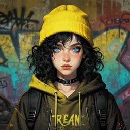 highly detailed portrait of a sewerpunk student lady, blue eyes, hoody, beanie hat, black curly hair by atey ghailan, james gilleard, by joe fenton, by greg rutkowski, by greg tocchin, gradient yellow, black, brown and cyan color scheme, grunge aesthetic!!! ( ( dystopian graffiti tag wall background ) )