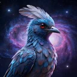 portrait from a avian bird alien, feathers, synthwave, universe background, nebula, galaxy, artstation