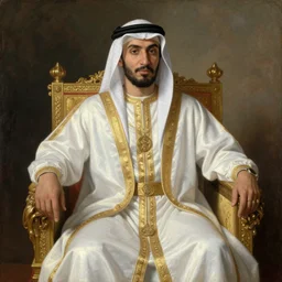 a 1 7 th century oil painting of a middle eastern emperor dressed in white and gold garments on his throne with his head leaning on his fist while deep in thought, wearing a vibrant golden crown on his head, white background