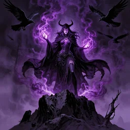 dark magic warlock woman standing on a jagged mountain top conjuring dark purple smoke glowing magic all around her, graphic novel layout by michael komarck, greg rutkowski, victo ngai, artgerm, forgotten realms, glowing eyes, crows flying around