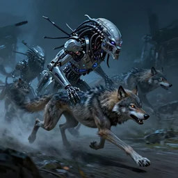 cybernetic neo - predator mind transfer : wolf - like creatures running impossibly fast through the night, hunting prey and reveling in their machine - aided supremacy over any natural creature, sci - fi fantasy illustration