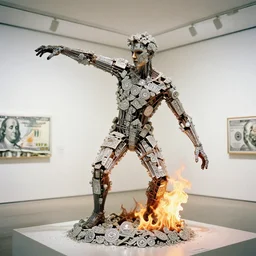 a stunning hyper realist sculpture of a fractured man, made of iron rods, porcelain and flames. gravity defying and potentially lethal. 3 5 mm film iso 1 6 0 0 bright gallery lighting a million dollars in diamonds