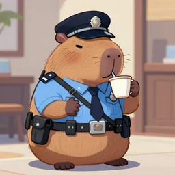 capybara policeman drinking coffe