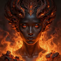 stunning goddess of fire portrait, dark skin, ashes, lava, fantasy, intricate, elegant, highly detailed, symmetrical face, digital painting, artstation, concept art, smooth, sharp focus, illustration, art by krenz cushart and artem demura and alphonse mucha
