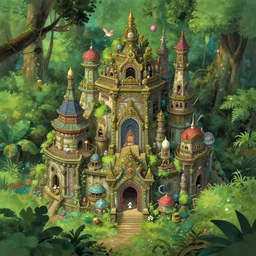 a lost city in the jungle, super ornate and intricate, tiny details, cute, fairy style, studio ghibli, miyazaki,