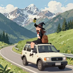 young student witch on a summer roadtrip through the mountains, by hong soonsang, concept art, digital art, trending on artstation, pixiv, illustration, fine details